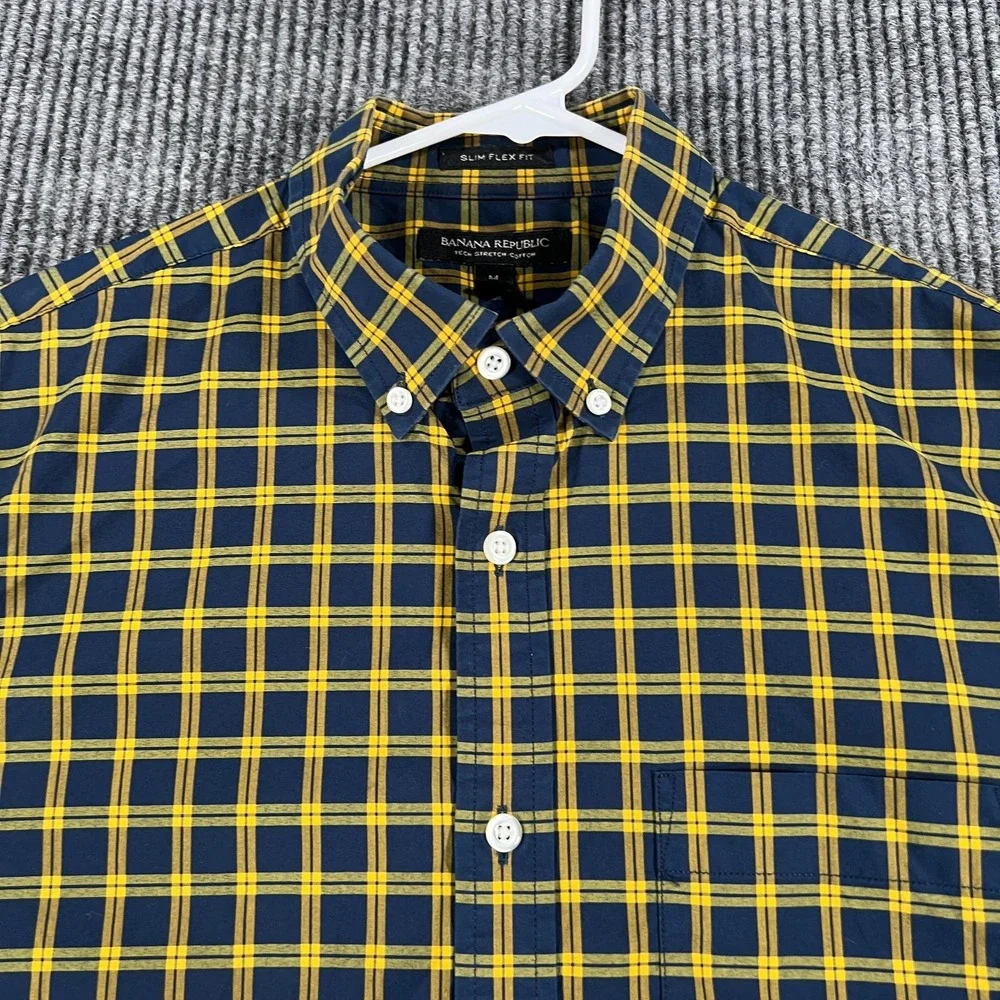 Banana Republic Shirt Mens Medium Blue Gold Check Long Sleeve Button Down